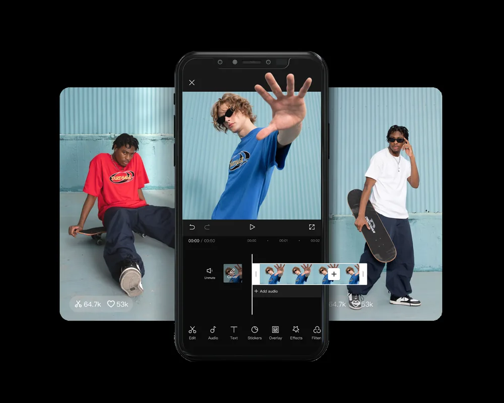 CapCut mobile editor showing the audio and sound effects timeline