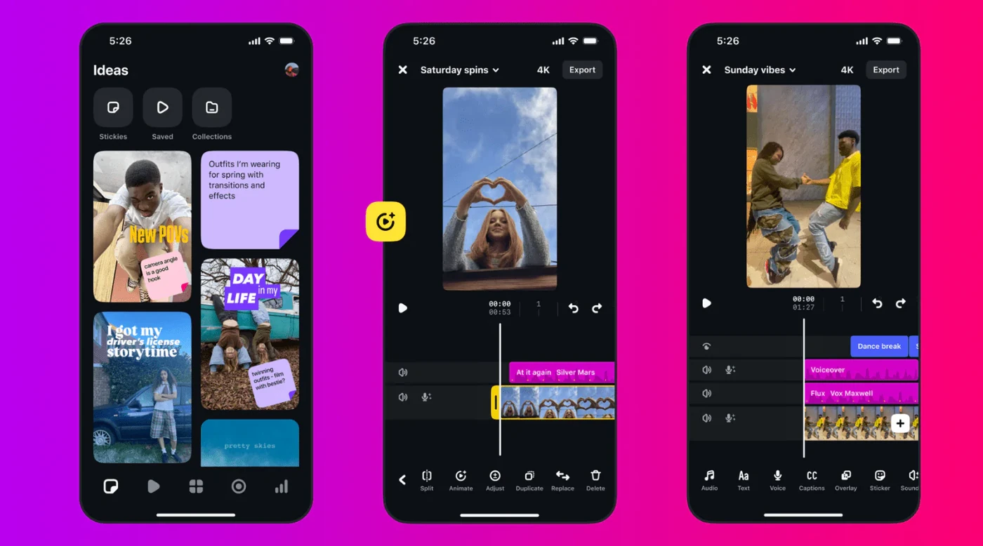 Instagram Edits reels editor showing the audio and sound timeline