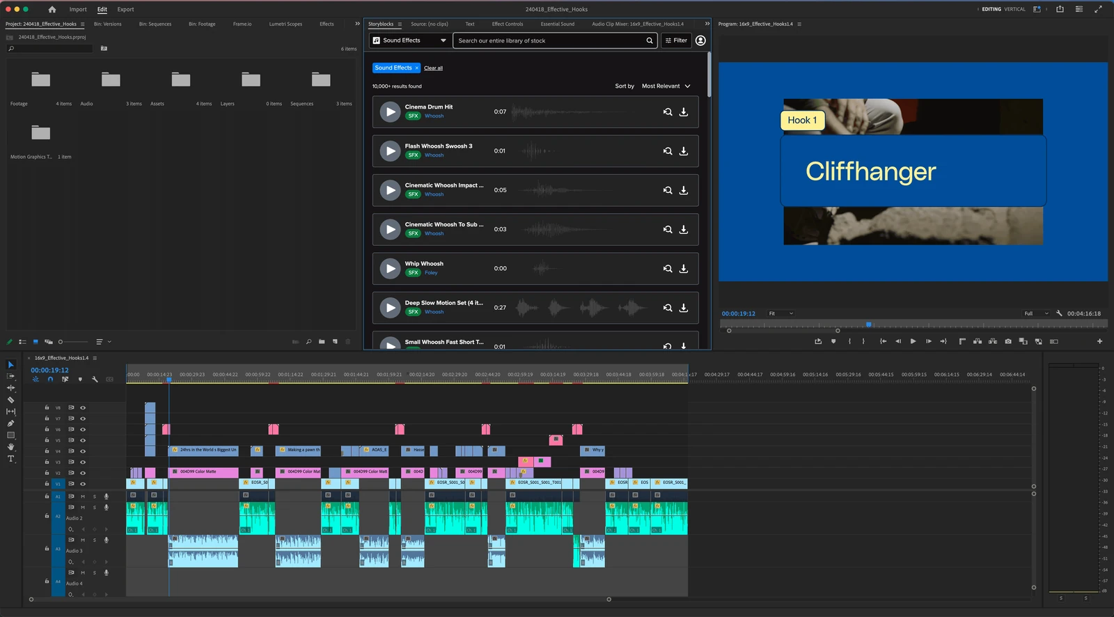 Adobe Premiere Pro timeline with a sound effects library open